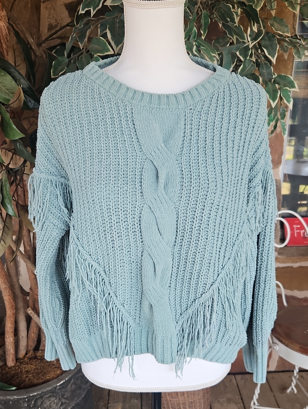 No Boundaries Teal Fringe Cable-Knit Crewneck Sweater